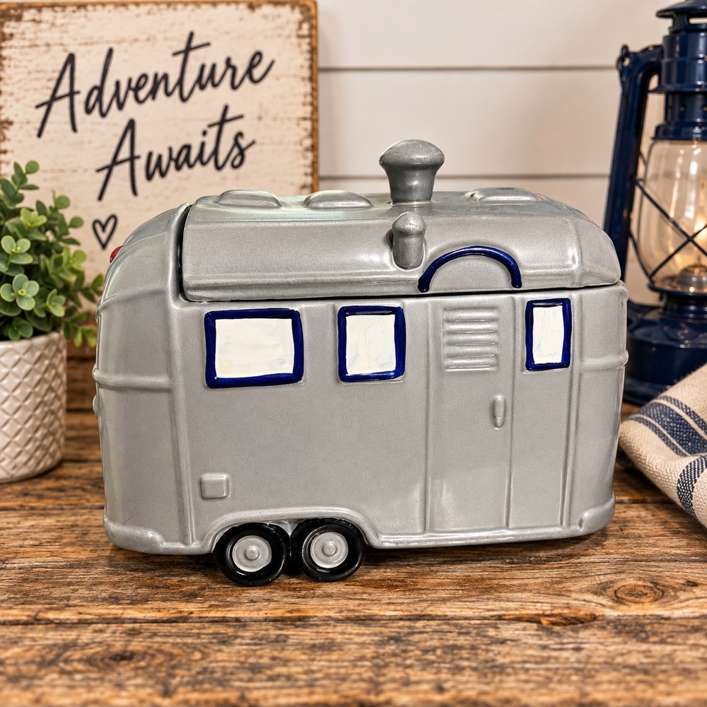 Omnibus Vintage Airstream Trailer Cookie Jar Ceramic Retro Camper Silver Large